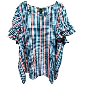 Lane Bryant Blue & Pink Plaid Blouse Double Ruffle Sleeves Size 26